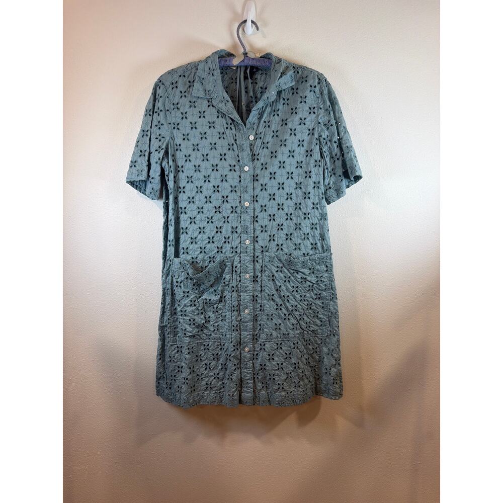 Gap Mint Floral Eyelet Collared Button-down Short Sleeve Shirt Dress